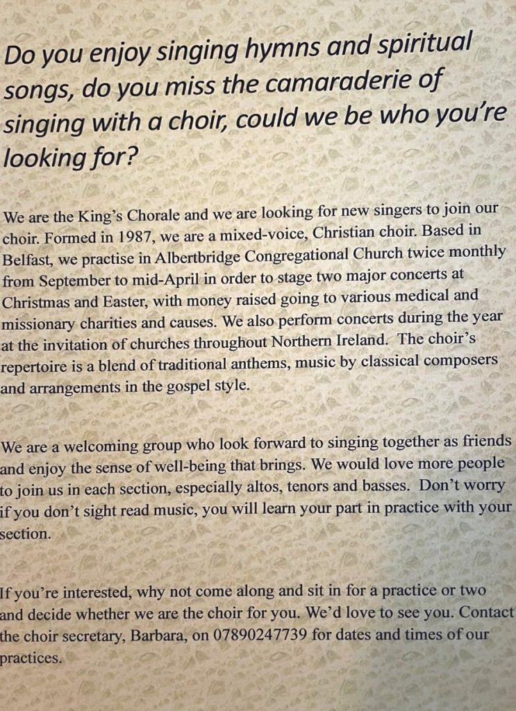 King's Chorale poster inviting new singers to come along and sit in at a practice